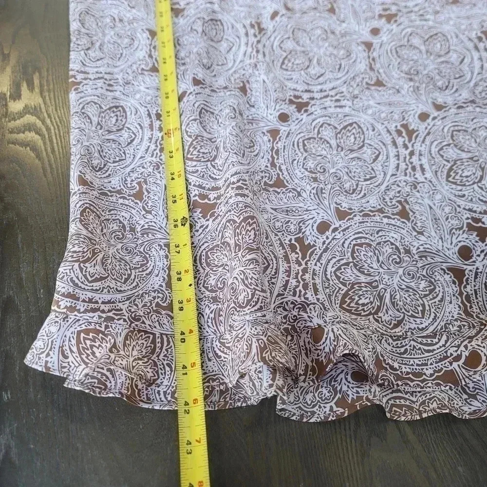 Kathie Lee Sz 16 Sleeveless Sheath Dress Ruffle Hem Tan White Paisley V-Neck - Picture 5 of 14